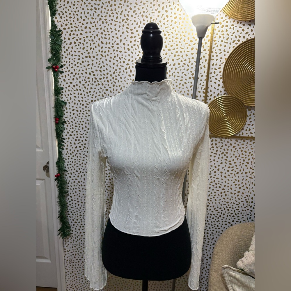 SHEIN Cream Textured Long Sleeve Blouse